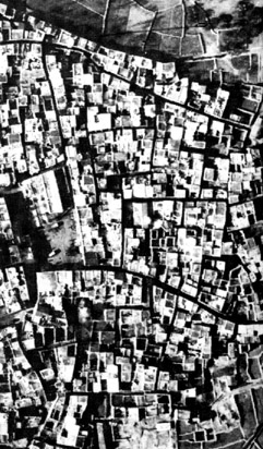 Figure 2: Pyrgi, village on the island of Chios, Aegean sea, Greece, whose origins date back to the mid-14th century. The air photo is of the northern half of the village, taken in 1934. Courtesy Ministry of Public Works, Aerial photos Department, Greece.