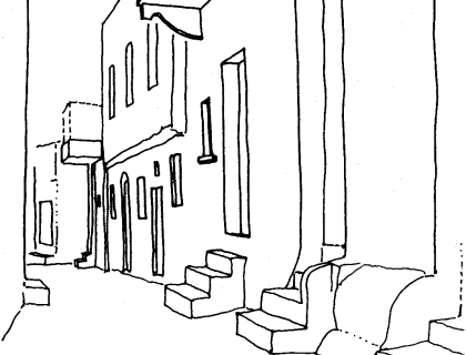 Figure 4: (right)A street in Amorgos town on the island of Amorgos, Greece. Note the steps to the houses on the right, the balconies on the upper level, and the upper level room projection are all within the fina space of the houses. Sketch by author after a photo in Greek Island Villages by Norman F. Carver Jr.